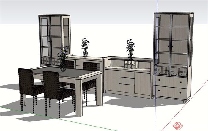 现代简约餐厅餐桌椅及餐边柜组合su模型