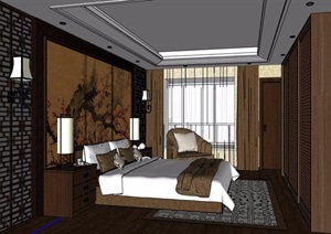 中式风格卧室装修住宅设计SU(草图大师)模型
