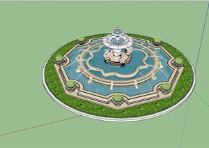 欧式详细喷泉水池景观设计SU(草图大师)模型