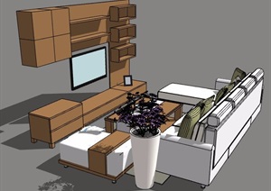 现代风格客厅沙发茶几及电视柜SU(草图大师)模型