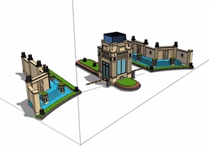 新古典风格园林景观景墙水池大门素材设计SU(草图大师)模型