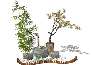 景观小品 庭院景观 水景 石头 植物 鹅卵石 组合SU(草图大师)模型
