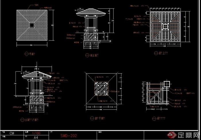 凉亭cad施工图,图纸包含详细的材料及尺寸标注,包含了平立剖面图设计