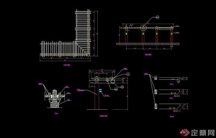 (4 园林景观详细的花架素材cad施工图,图纸包含了详细的材料及尺寸