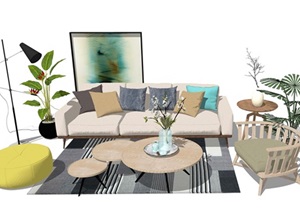 现代客厅沙发 茶几 桌子 植物 落地灯地毯SU(草图大师)模型