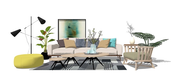 现代客厅沙发 茶几 桌子 植物 落地灯地毯(2)