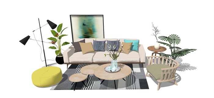 现代客厅沙发 茶几 桌子 植物 落地灯地毯(3)