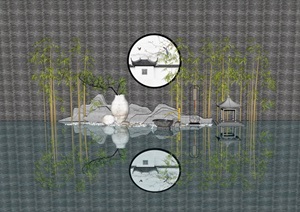 新中式景观小品 滨水 鹅卵石 竹子 陶罐组合SU(草图大师)模型