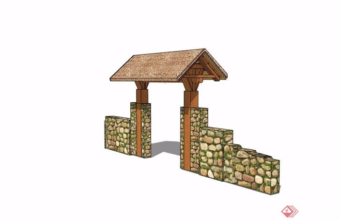 中式围墙院门素材设计su模型