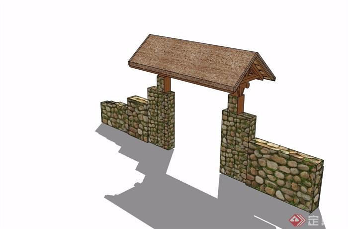 中式围墙院门素材设计su模型