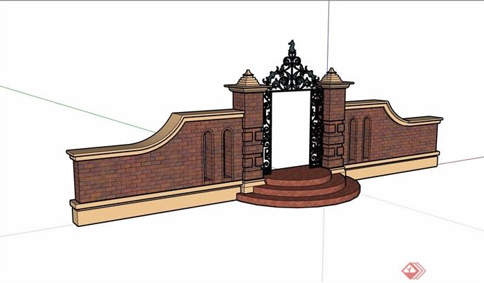 详细的完整欧式风格围墙大门素材su模型