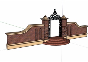 详细的完整欧式风格围墙大门素材SU(草图大师)模型