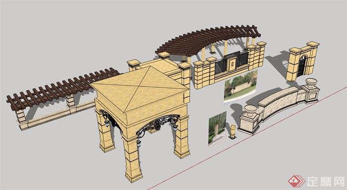 欧式详细的围墙、廊架、亭子素材设计su模型