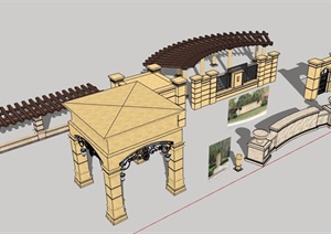 欧式详细的围墙、廊架、亭子素材设计SU(草图大师)模型