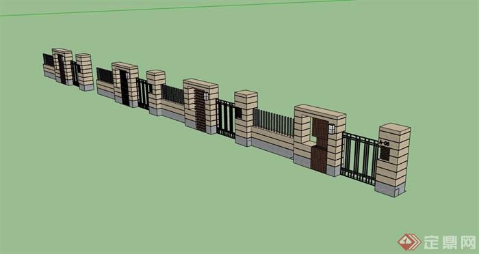 现代详细的完整围墙素材设计su模型