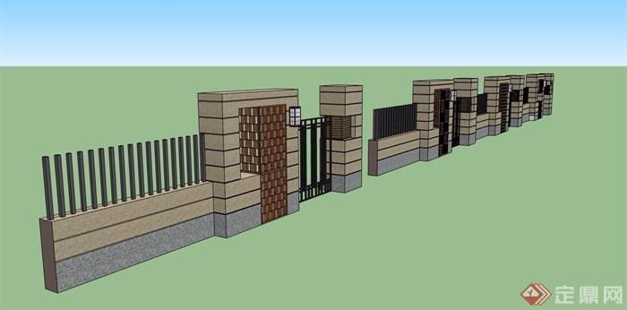 现代详细的完整围墙素材设计su模型