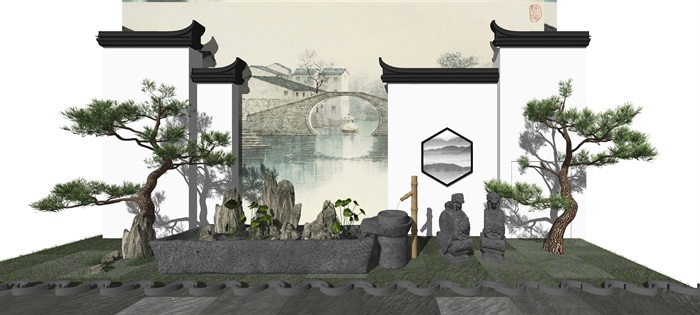 新中式景墙 松树石头假山小品su模型(1)
