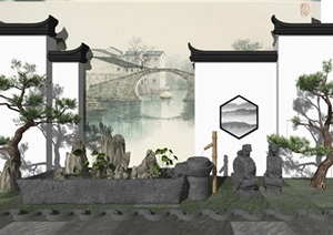 新中式景墙 松树 石头假山 景观小品SU(草图大师)模型