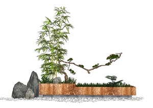 新中式景观小品 花箱 盆栽 竹子 石头植物SU(草图大师)模型