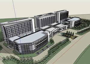 现代详细的独特完整多层医院建筑楼设计SU(草图大师)模型