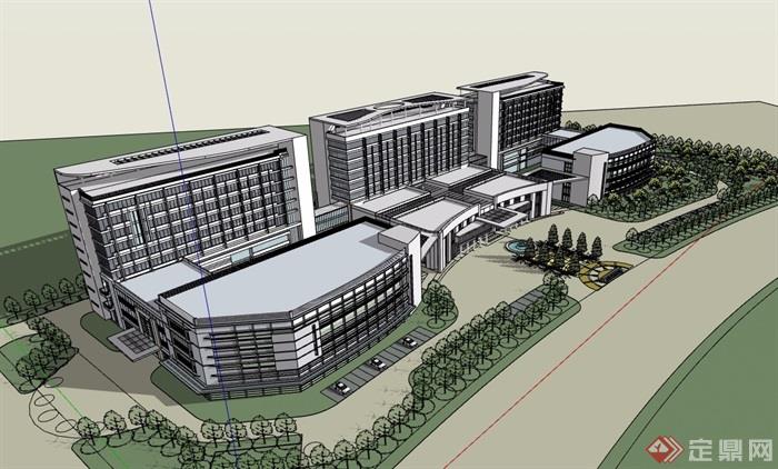 现代详细的独特完整多层医院建筑楼设计su模型
