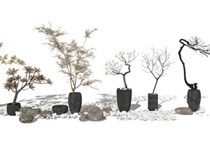 新中式 景观小品盆栽盆景枯树组合SU(草图大师)模型