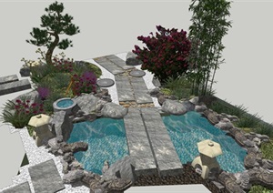庭院小品 景观小品水景 假山石头植物组合SU(草图大师)模型