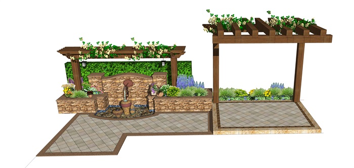 景观小品 庭院景观 水景 廊架 植物 石砖 陶罐su模型(1)