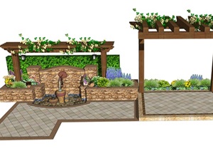 景观小品 庭院景观 水景 廊架 植物 石砖 陶罐SU(草图大师)模型