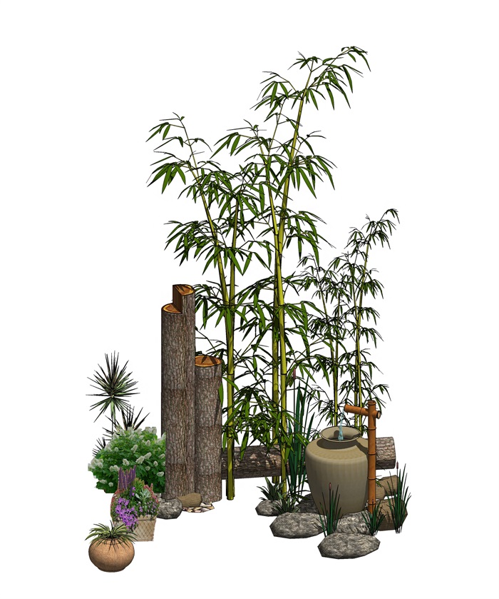 景观小品 庭院景观 石头 木柱 木头 植物 花卉 组合(1)