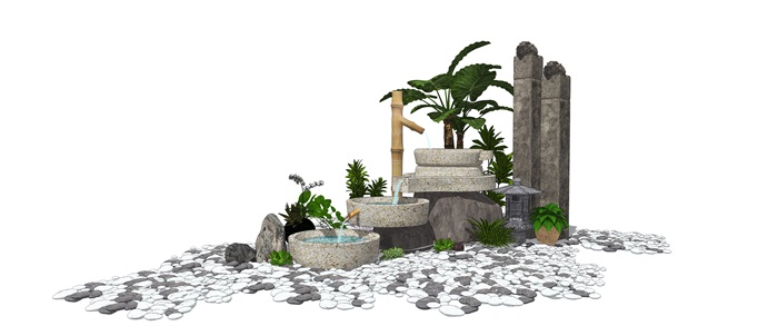 新中式景观小品 跌水景观 植物栓马柱石头组合su模型(2)