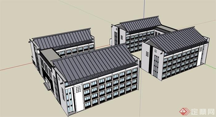 中式风格多层详细的办公建筑素材设计su模型