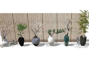 景观盆栽 景观小品 室内盆栽 植物 陶罐 隔断石头组合SU(草图大师)模型