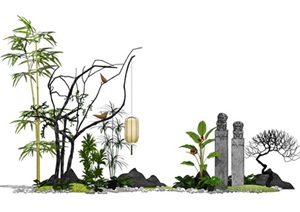 新中式景观小品 植物片石 栓马柱SU(草图大师)模型