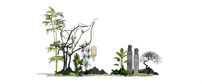 新中式景观小品 植物片石 栓马柱su模型(3)