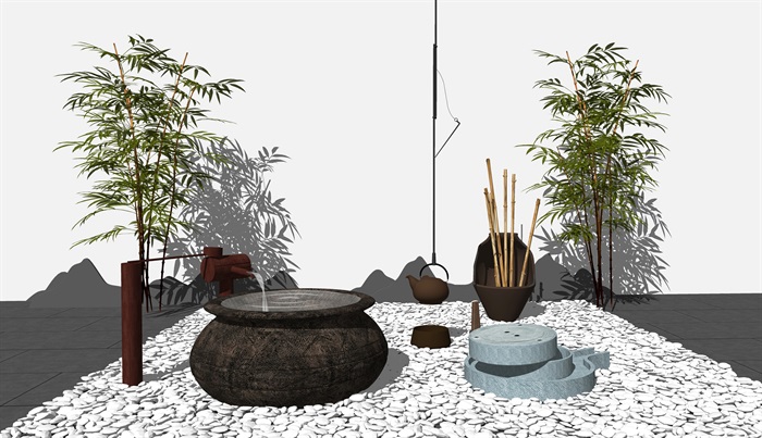 新中式石磨流水景观小品su模型(1)