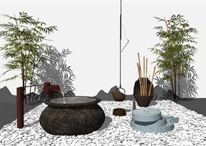 新中式石磨流水景观小品SU(草图大师)模型