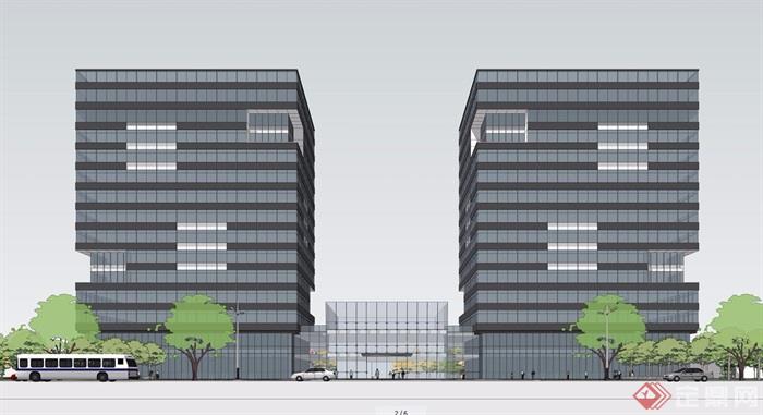 现代独特详细的办公楼建筑su模型及效果图