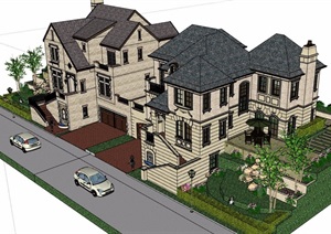 某双拼详细的完整别墅设计SU(草图大师)模型含庭院