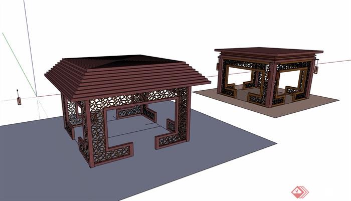 两个中式风格详细的景观亭子su模型