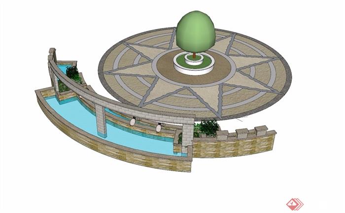 水池景墙及树池素材设计su模型