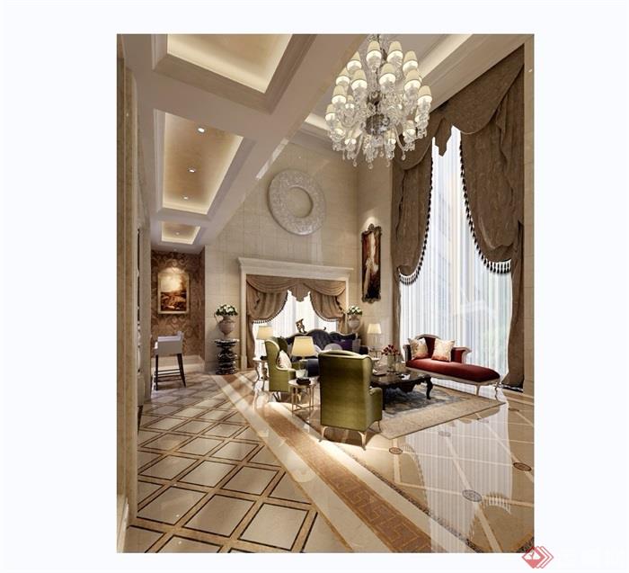 某欧式风格详细的完整客厅装饰设计3d模型及效果图