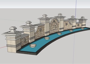 欧式详细的水池景墙素材SU(草图大师)模型