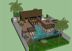 东南亚风格详细的经典完整别墅设计SU(草图大师)模型