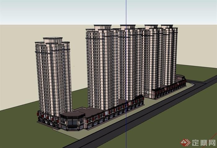 新古典高层住宅+商业建筑su模型