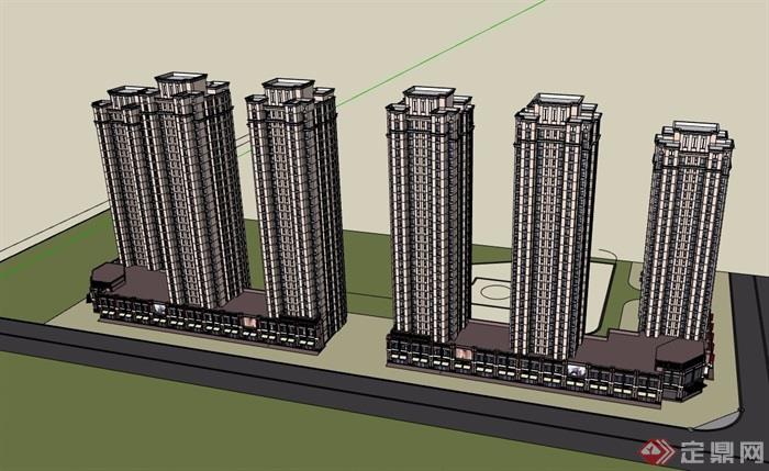 新古典高层住宅+商业建筑su模型