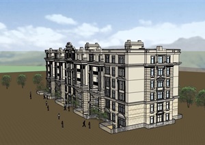 六层详细的美式风格住宅楼建筑SU(草图大师)模型