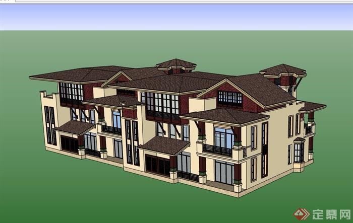 欧式风格详细的三层别墅建筑su模型