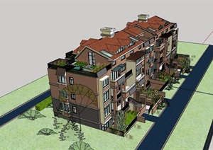 四层大户型花园洋房住宅楼设计SU(草图大师)模型