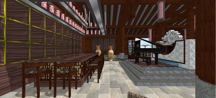 中式餐饮休闲会所室内设计模型su精细霸气模型酷(3)